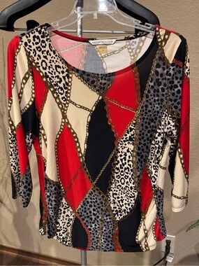Peter Nygard Red Black Cream Chain & Animal Print Long Sleeve Top